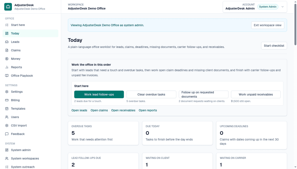 Today dashboard in Demo Office, with the work order, start-here actions, and summary counts